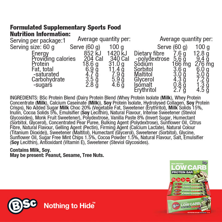 High Protein Low Carb Bar 12 Pack - choc-mint nutrition information panel