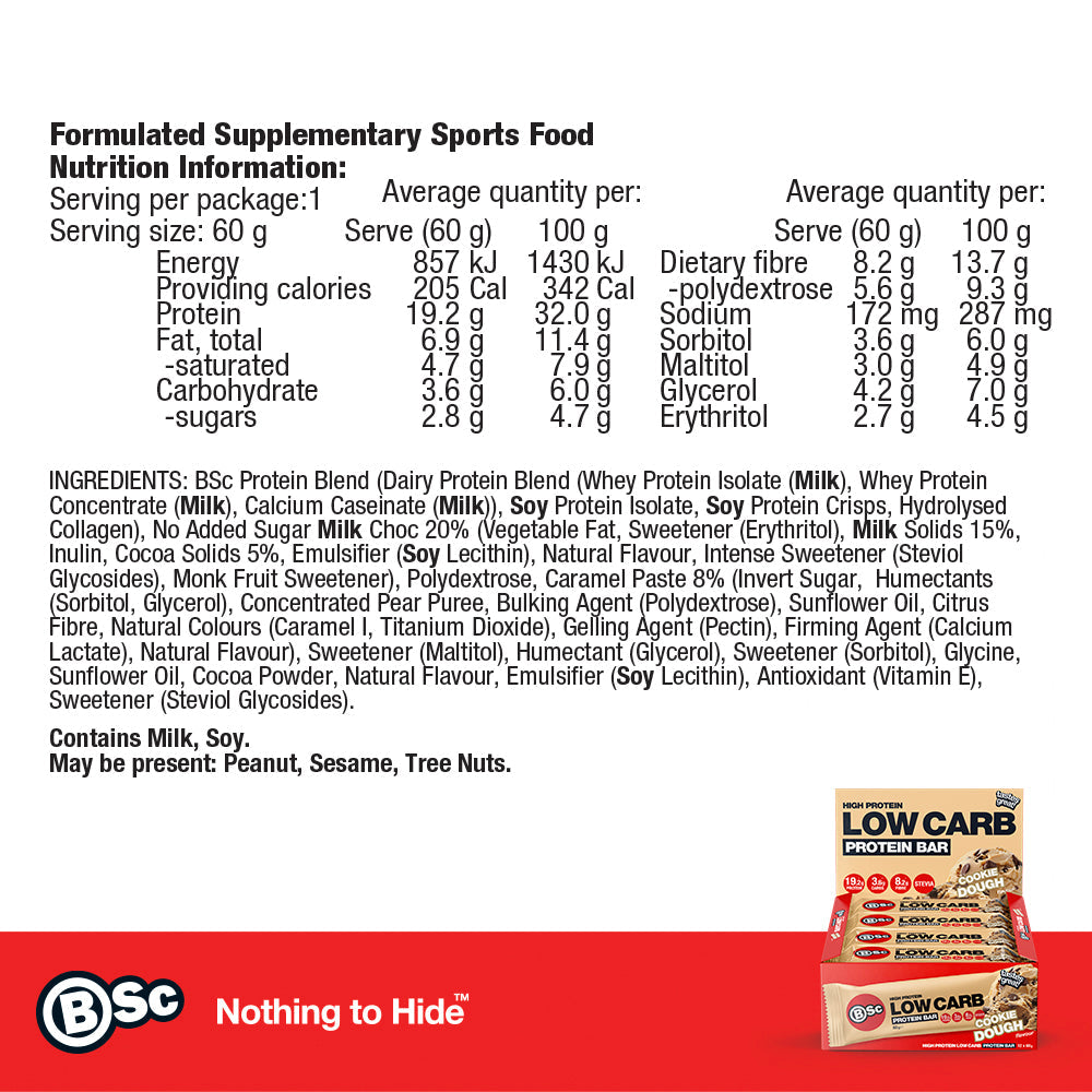 High Protein Low Carb Bar 12 Pack - cookie-dough nutrition information panel