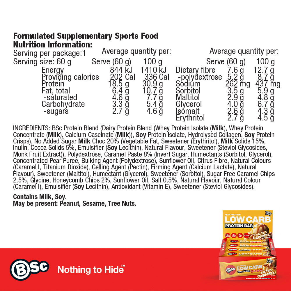 High Protein Low Carb Bar 12 Pack - salted-caramel nutrition information panel