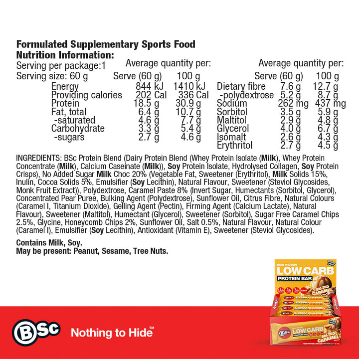 High Protein Low Carb Bar 12 Pack - salted-caramel nutrition information panel