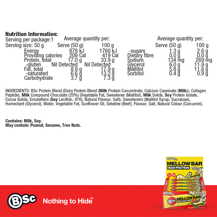 High Protein Mellow Bar 12 Pack - banana nutrition information panel
