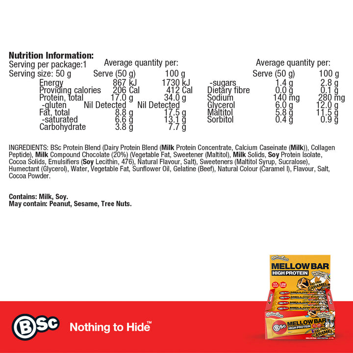 High Protein Mellow Bar 12 Pack - salted-caramel nutrition information panel