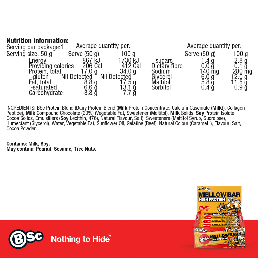High Protein Mellow Bar - salted-caramel nutrition information panel