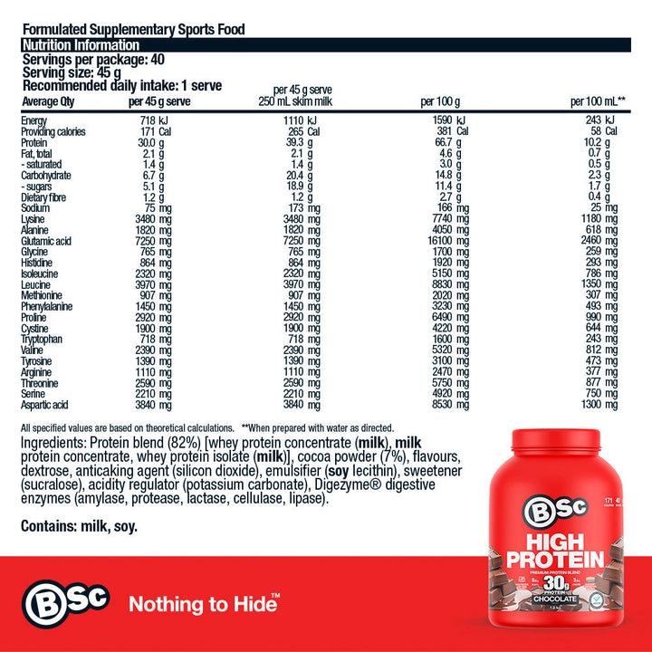 High Protein Powder - 1.8kg Chocolate nutrition information panel