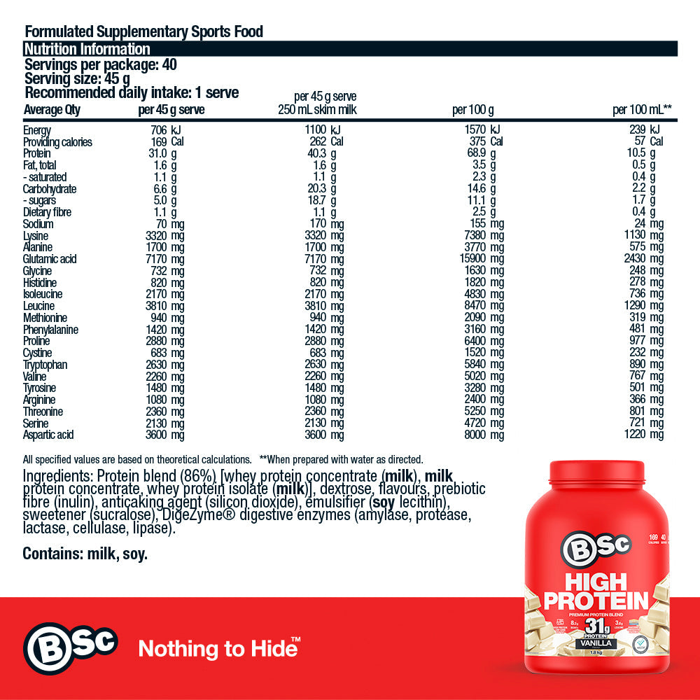 High Protein Powder - 1.8kg Vanilla nutrition information panel