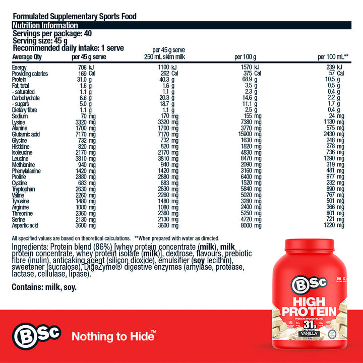 High Protein Powder - 1.8kg Vanilla nutrition information panel