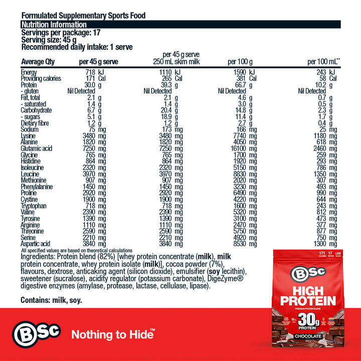High Protein Powder - 800g Chocolate nutrition information panel