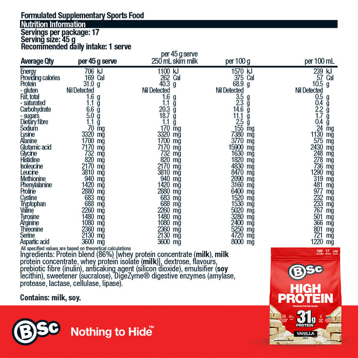 High Protein Powder - 800g Vanilla nutrition information panel