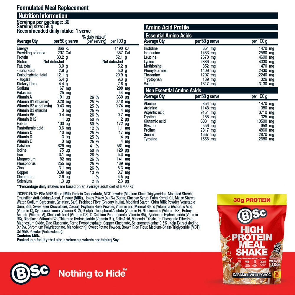 High Protein Meal Shake - 1.74kg Caramel White Choc nutrition information panel