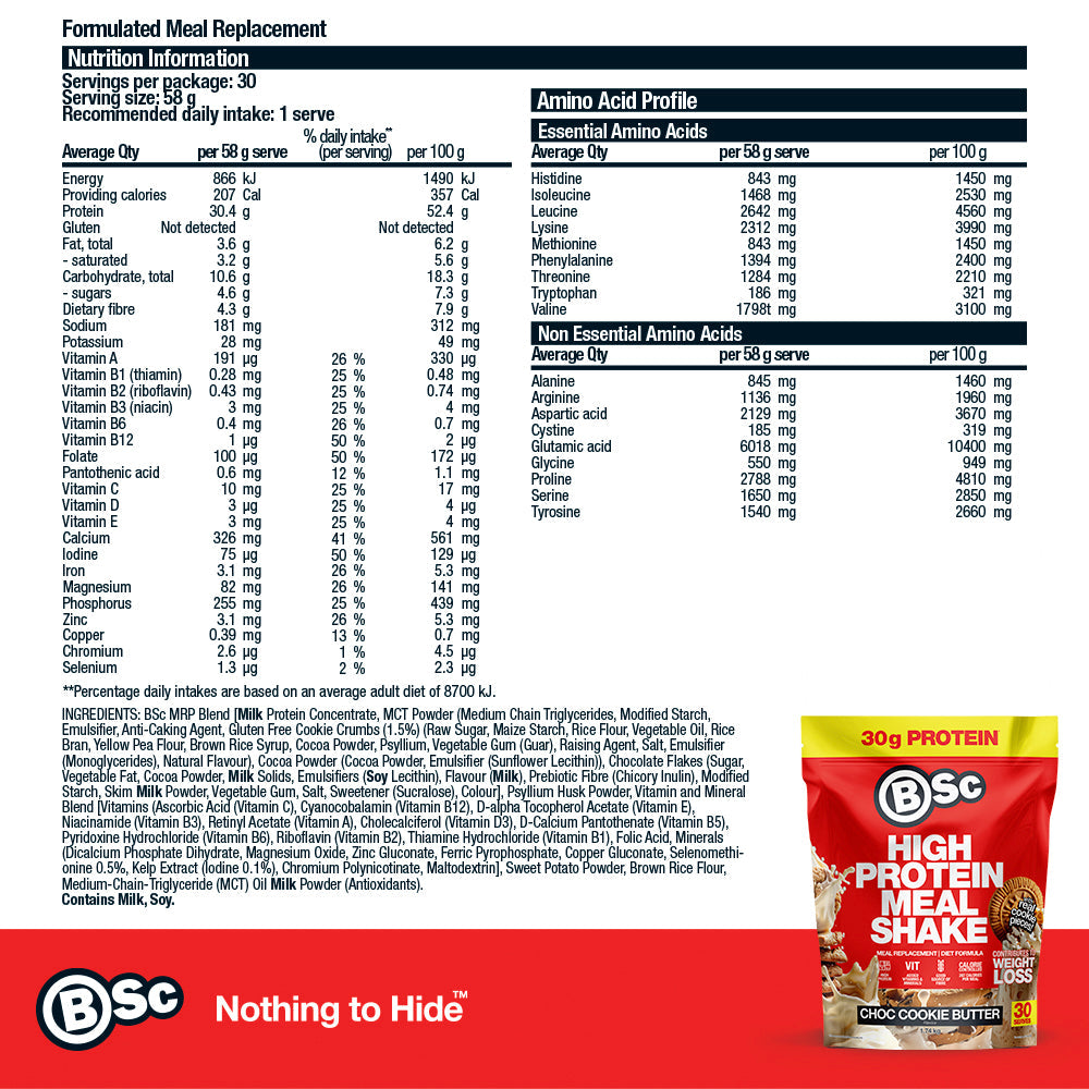 High Protein Meal Shake - 1.74kg Choc Cookie Butter nutrition information panel