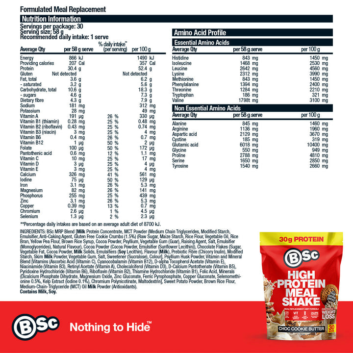 High Protein Meal Shake - 1.74kg Choc Cookie Butter nutrition information panel