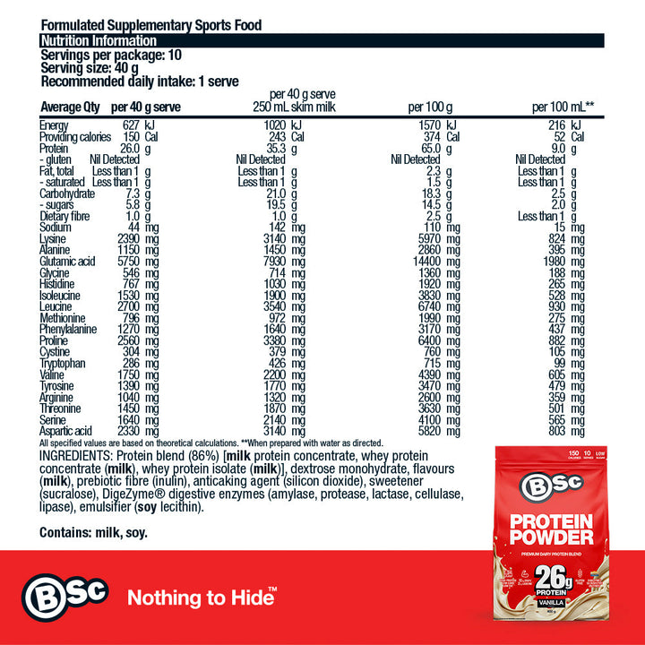 Protein Powder - 400g Vanilla nutrition information panel