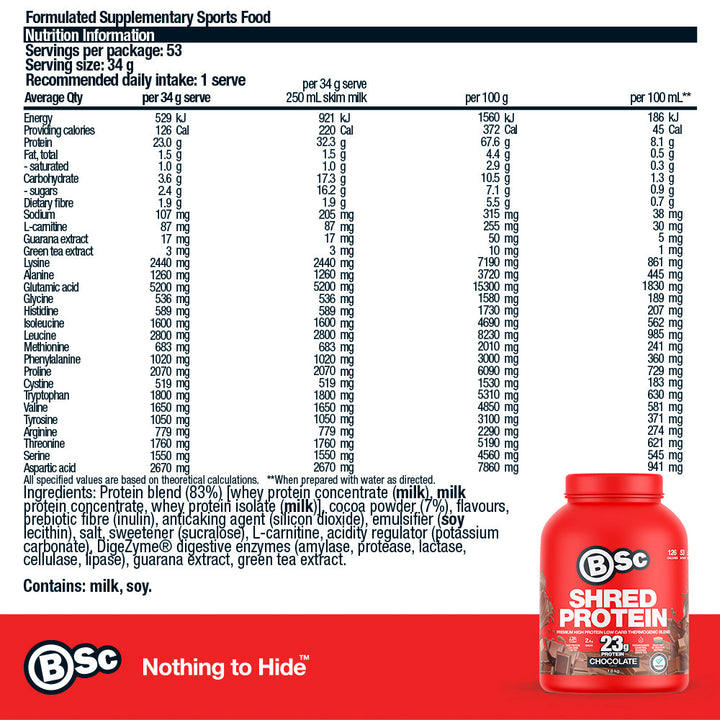 Shred Protein Powder 1.8kg - 1.8kg Chocolate nutrition information panel