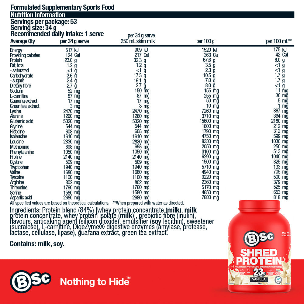 Shred Protein Powder 1.8kg - 1.8kg Vanilla nutrition information panel