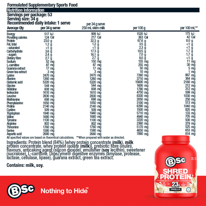 Shred Protein Powder 1.8kg - 1.8kg Vanilla nutrition information panel