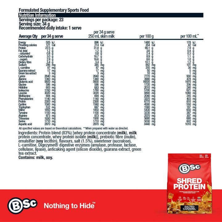 Shred Protein Powder - 800g Salted Caramel nutrition information panel