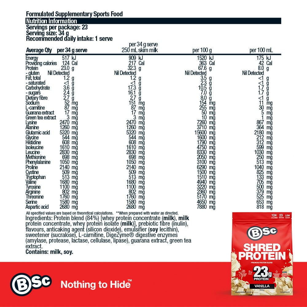 Shred Protein Powder - 800g Vanilla nutrition information panel