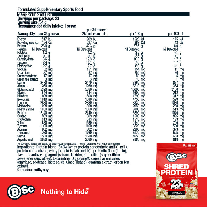 Shred Protein Powder - 800g Vanilla nutrition information panel