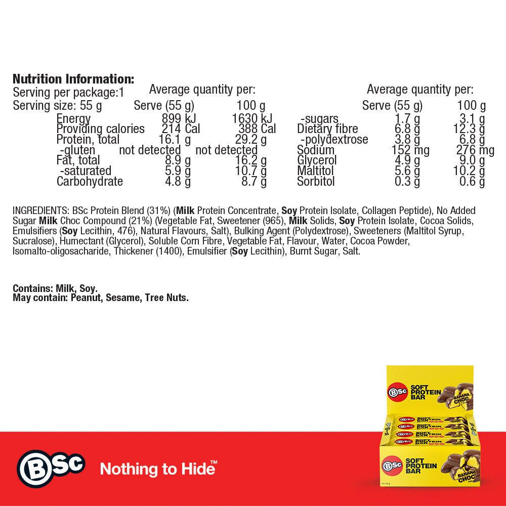 Soft Protein Bar - banana-choc nutrition information panel