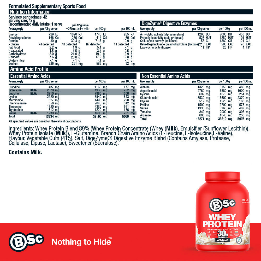 Whey Protein Powder - 1.8kg Vanilla nutrition information panel
