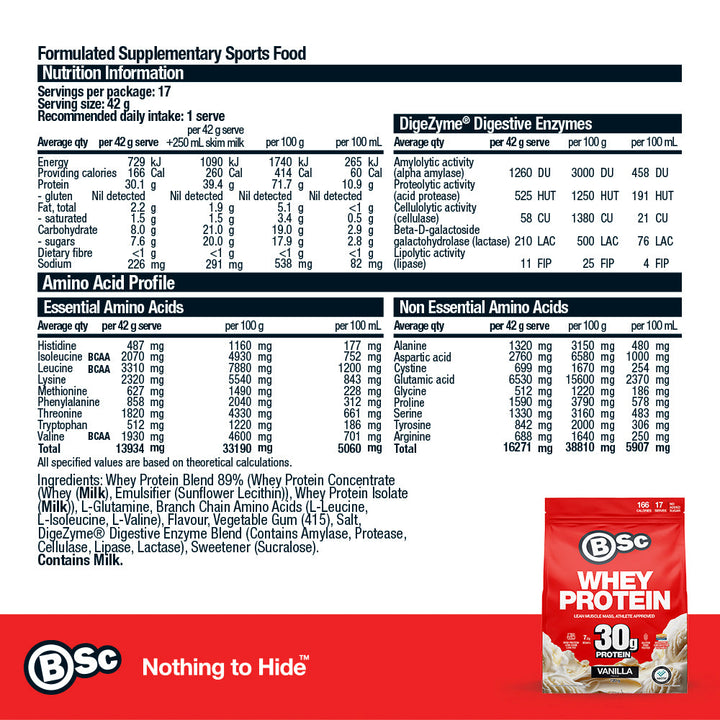 Whey Protein Powder - 720g Vanilla nutrition information panel